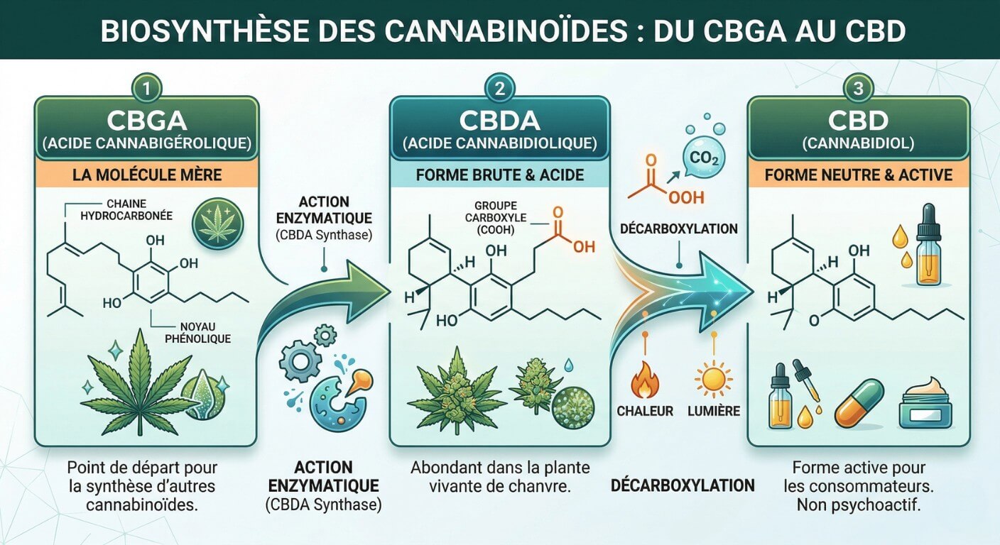 Schéma de la transformation du CBGA en CBDA puis en CBD par décarboxylation